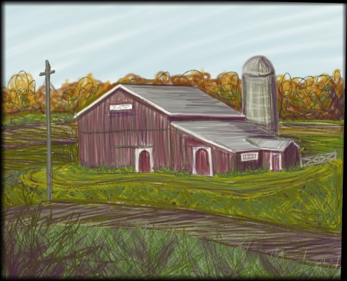 Intitial sketch for barn painting by Ellen Leigh