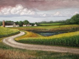 https://www.ellenleigh.com/pretty-little-farm-painting/ Little details complete this farm painting by Michigan artist Ellen Leigh