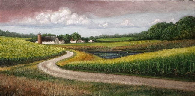 https://www.ellenleigh.com/pretty-little-farm-painting/ Little details complete this farm painting by Michigan artist Ellen Leigh