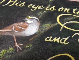Love this pretty little table! Handpainted with a White Troated Sparrow, nest with eggs and the refrain from a favorite old hymn. https://www.ellenleigh.com/hand-painted-bird-artwork/