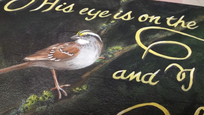 Love this pretty little table! Handpainted with a White Troated Sparrow, nest with eggs and the refrain from a favorite old hymn. https://www.ellenleigh.com/hand-painted-bird-artwork/