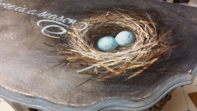 Hand painted occasional table by Michigan artist, Ellen Leigh. Ecclesiastes 3:1 is featured on this pretty little table, along with a nest of Robin's eggs