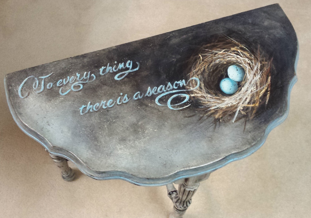 hand painted occasional table by Michigan artist, Ellen Leigh. Ecclesiastes 3:1 is features on this pretty little table, along with a nest of Robin's eggs.