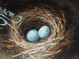 Hand painted occasional table by Michigan artist, Ellen Leigh. Ecclesiastes 3:1 is featured on this pretty little table, along with a nest of Robin's eggs