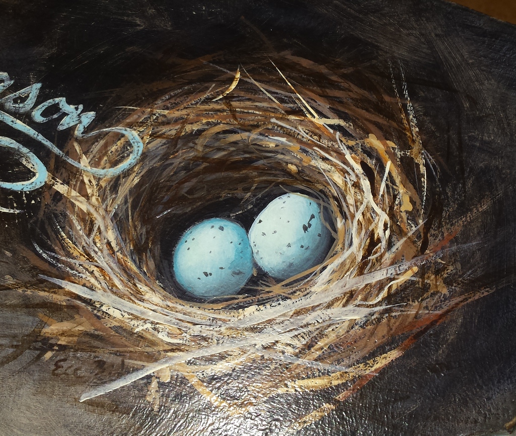 Hand painted occasional table by Michigan artist, Ellen Leigh. Ecclesiastes 3:1 is featured on this pretty little table, along with a nest of Robin's eggs.